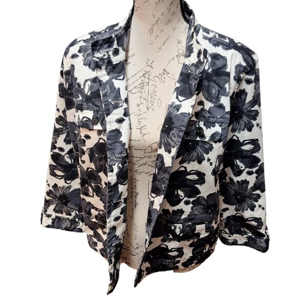 Womens Black & White Floral Denim Jacket Large - Retro 90s Cottage Preppy - Picture 1 of 9